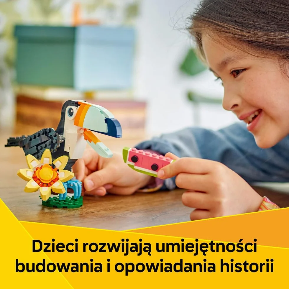 LEGO Creator 3 w 1 Dzikie zwierzęta: Tropikalny tukan, figurka do przebudowania na motyla lub rybę, zabawka dla dziecka, ozdoba do pokoju dziecięcego, prezent dla 7-latki, dziewczynki i chłopca 31173