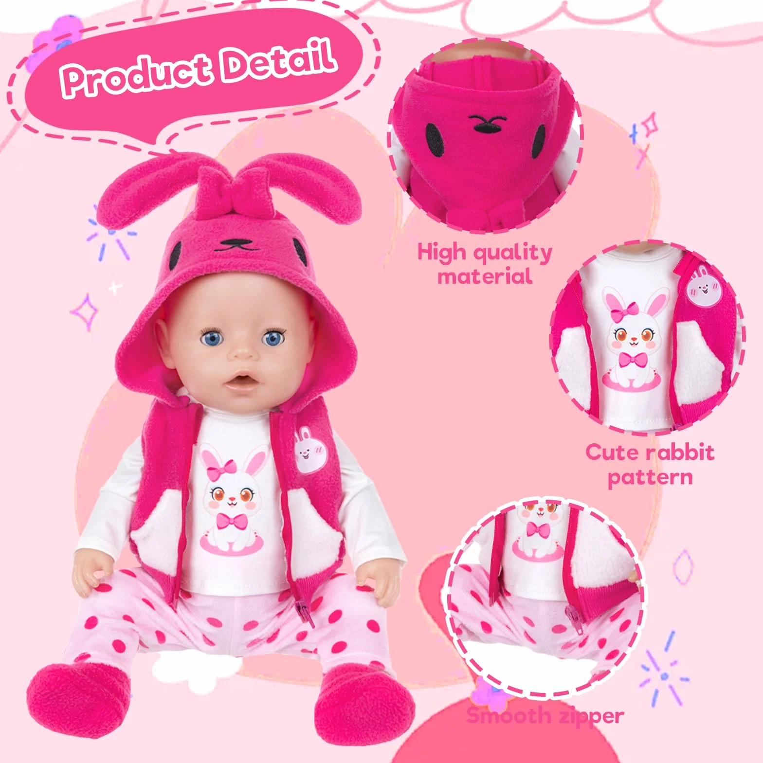 Ubrania dla lalek kompatybilne z 35-43 cm New Born Baby Lalki, Rose Królik Baby Odzież z bluzką Kamizelka Spodnie Skarpetki, Akcesoria dla lalek dla niemowląt 14-17 cali