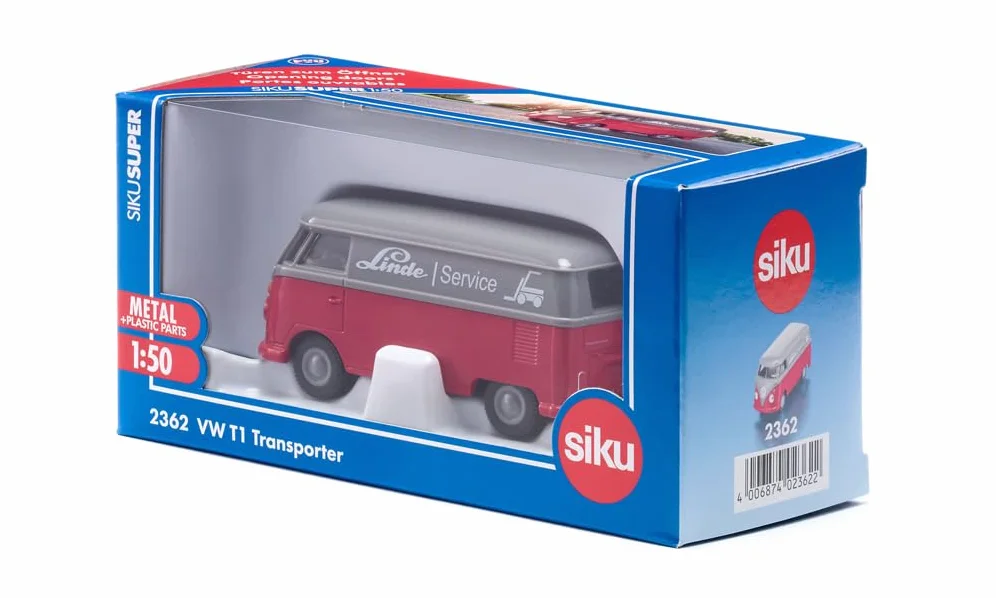 siku 2362, VW T1 Transporter, 1:50, Metal/Tworzywo sztuczne, Czerwony/Szary, Zabawkowy samochód, Drzwi do otwierania, Sprzęg przyczepy