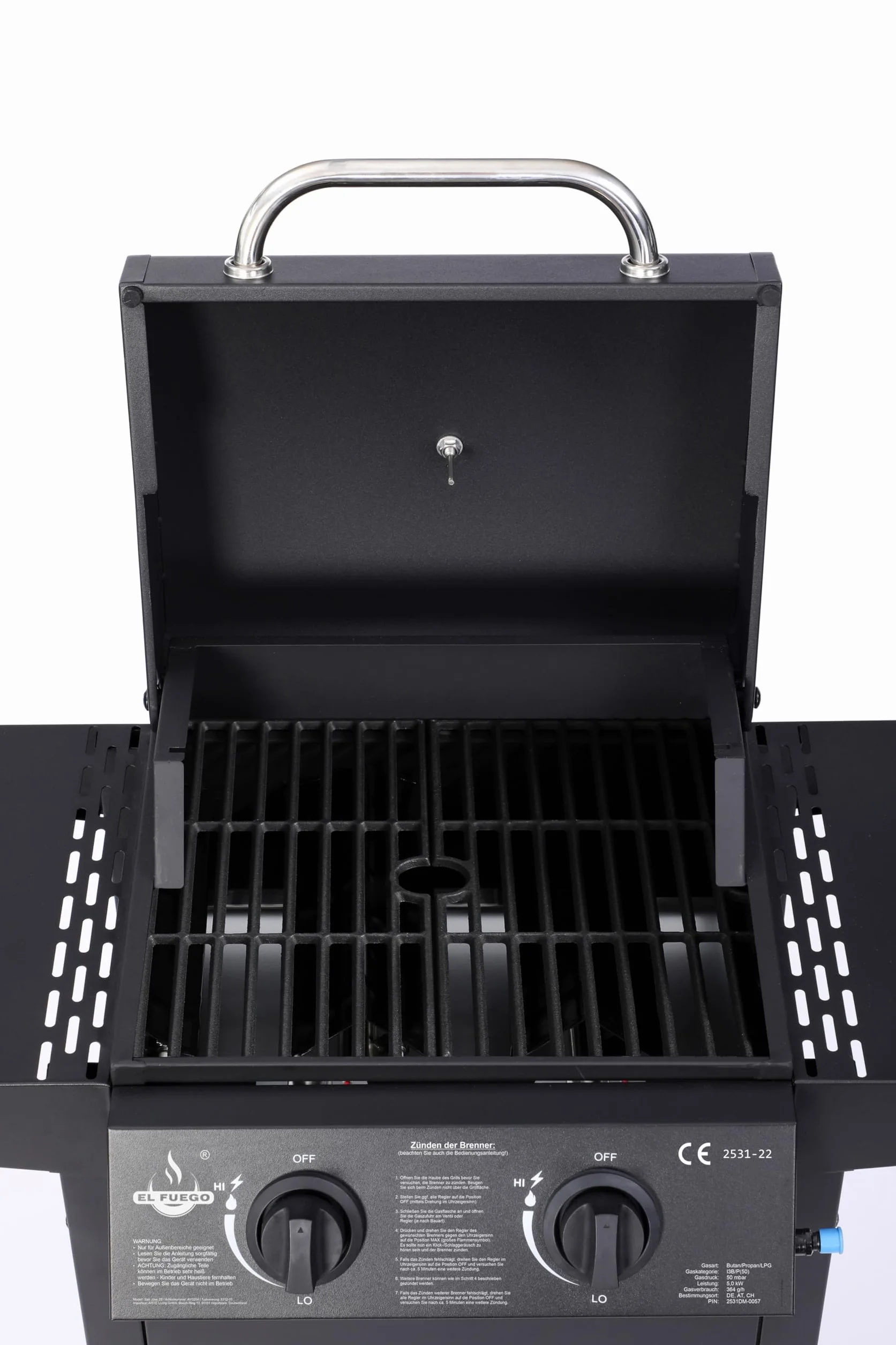 El Fuego® Grill Gazowy San Jose 2 Palniki BBQ z Żeliwnym Rusztem, Termometrem i Półkami Bocznymi