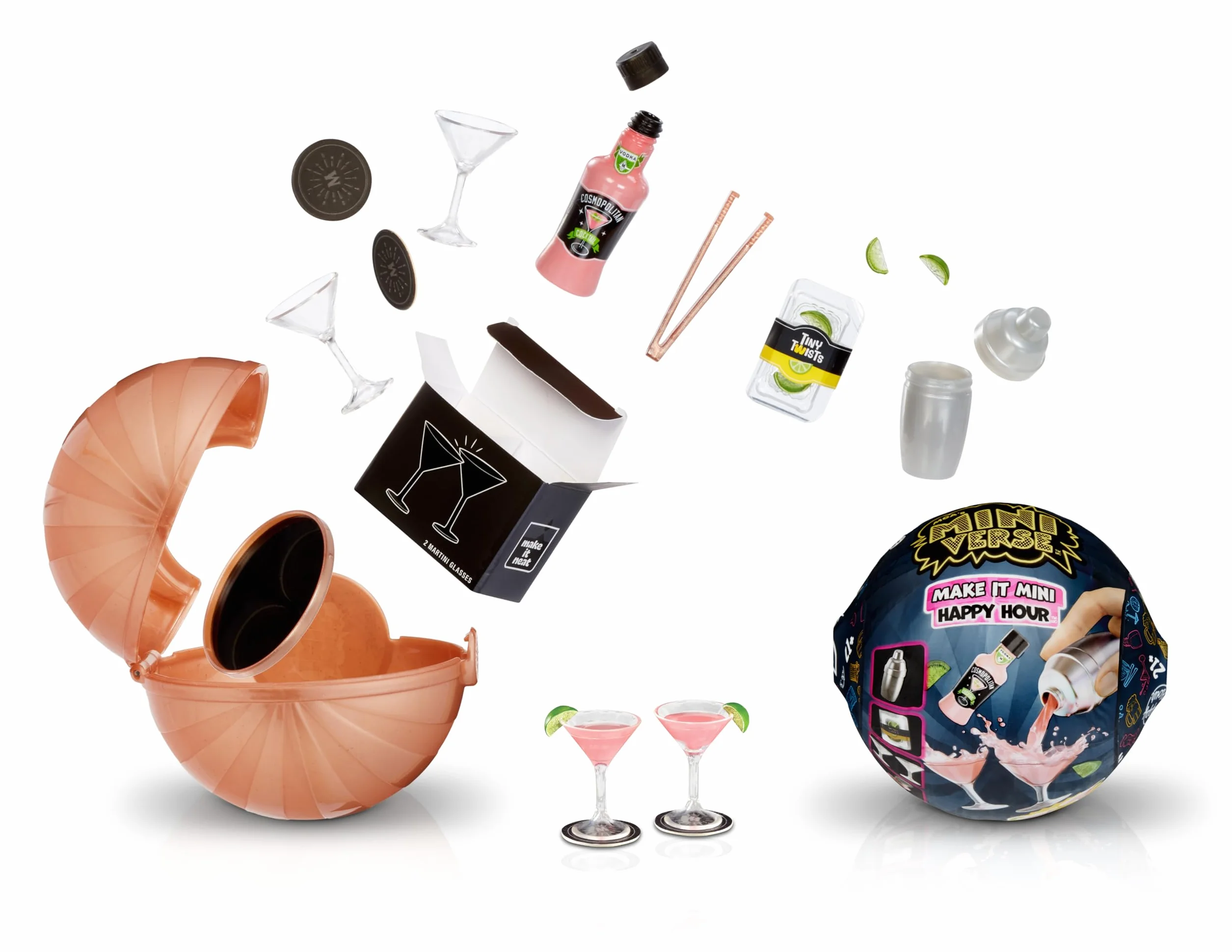 MGA's Miniverse Make It Mini Happy Hour - Mini Przedmioty Kolekcjonerskie w Ukrytych Opakowaniach - Repliki Koktajli DIY - NIEJADALNA Żywica - Przedmioty Kolekcjonerskie dla Dorosłych i Kolekcjonerów