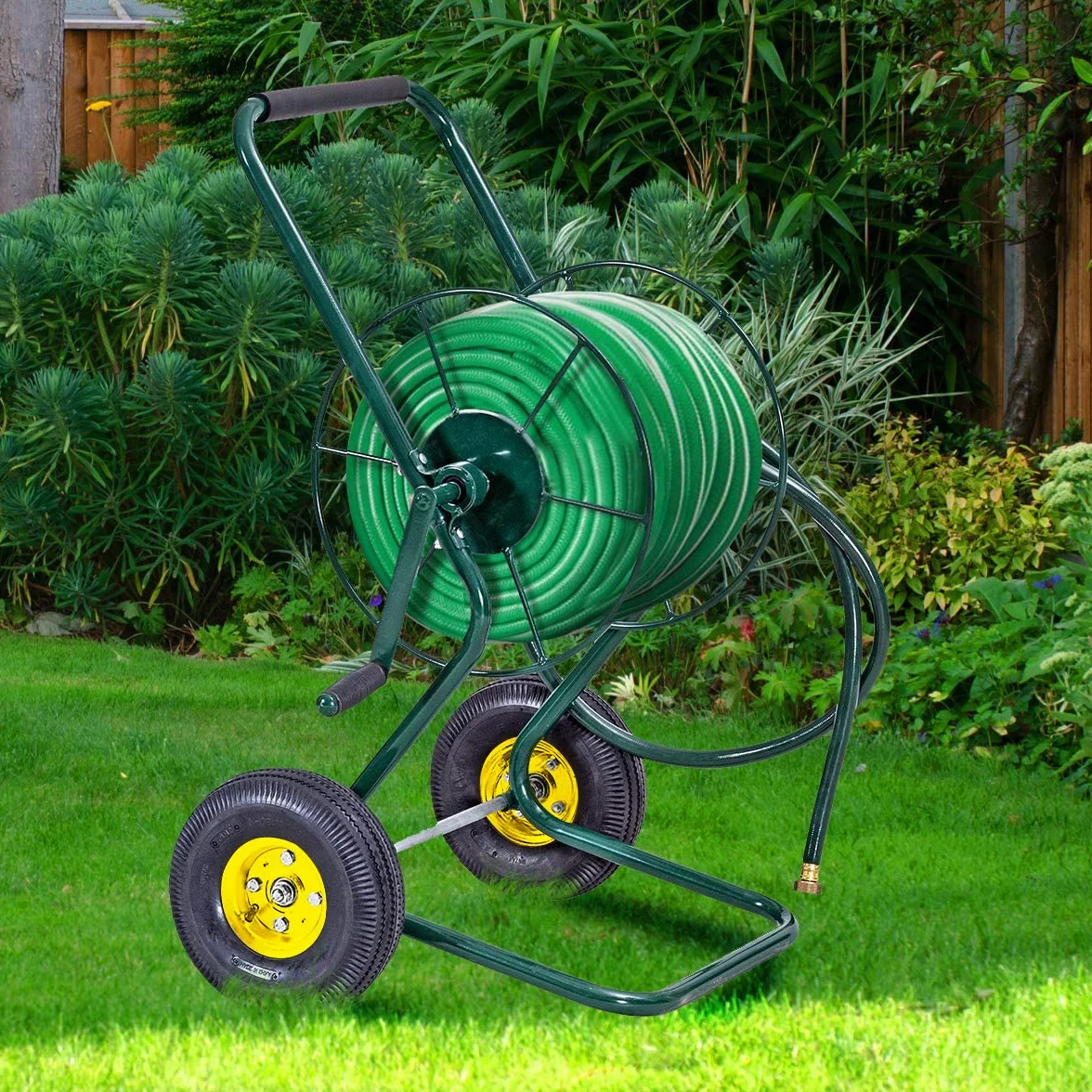 GOPLUS Metalowy wózek na wąż ogrodowy 3/4" do 61 m, bęben z gumowymi kółkami, 71 x 53 x 96,5 cm, zielony