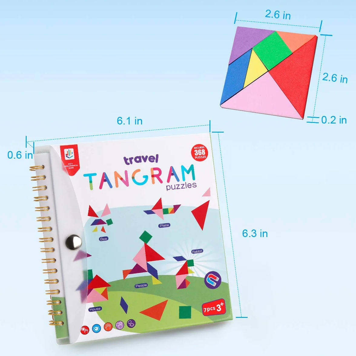Coogam Podróżne Puzzle Tangram z 3 zestawami magnetycznych Tangram - Gry z kształtami do rozkroju na podróż drogową z rozwiązaniem - Książka IQ, edukacyjna zabawka, łamigłówka mózgowa, prezent dla