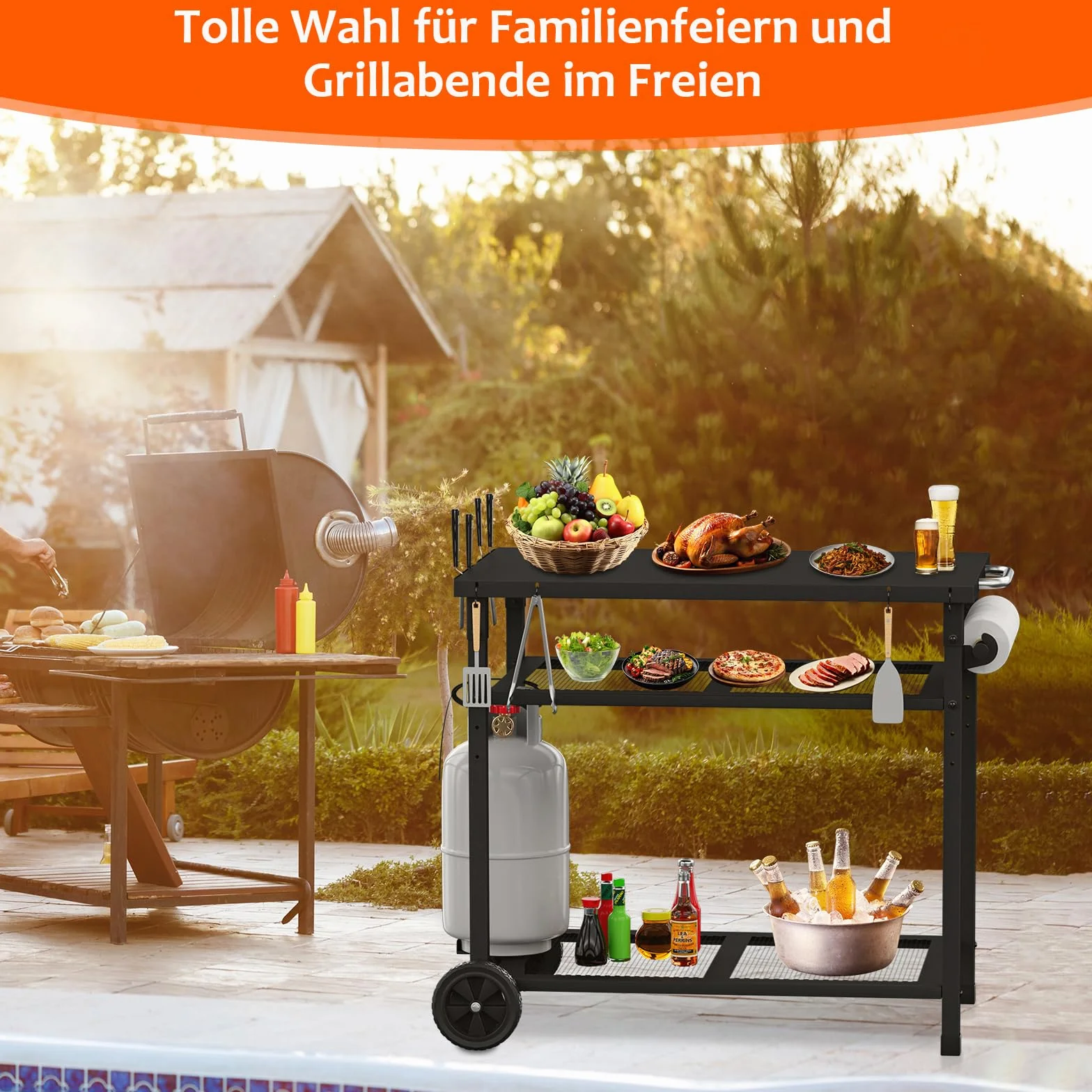 Wielofunkcyjny wózek do grillowania 3-poziomowy z uchwytem na ręczniki papierowe i haczykiem czarny