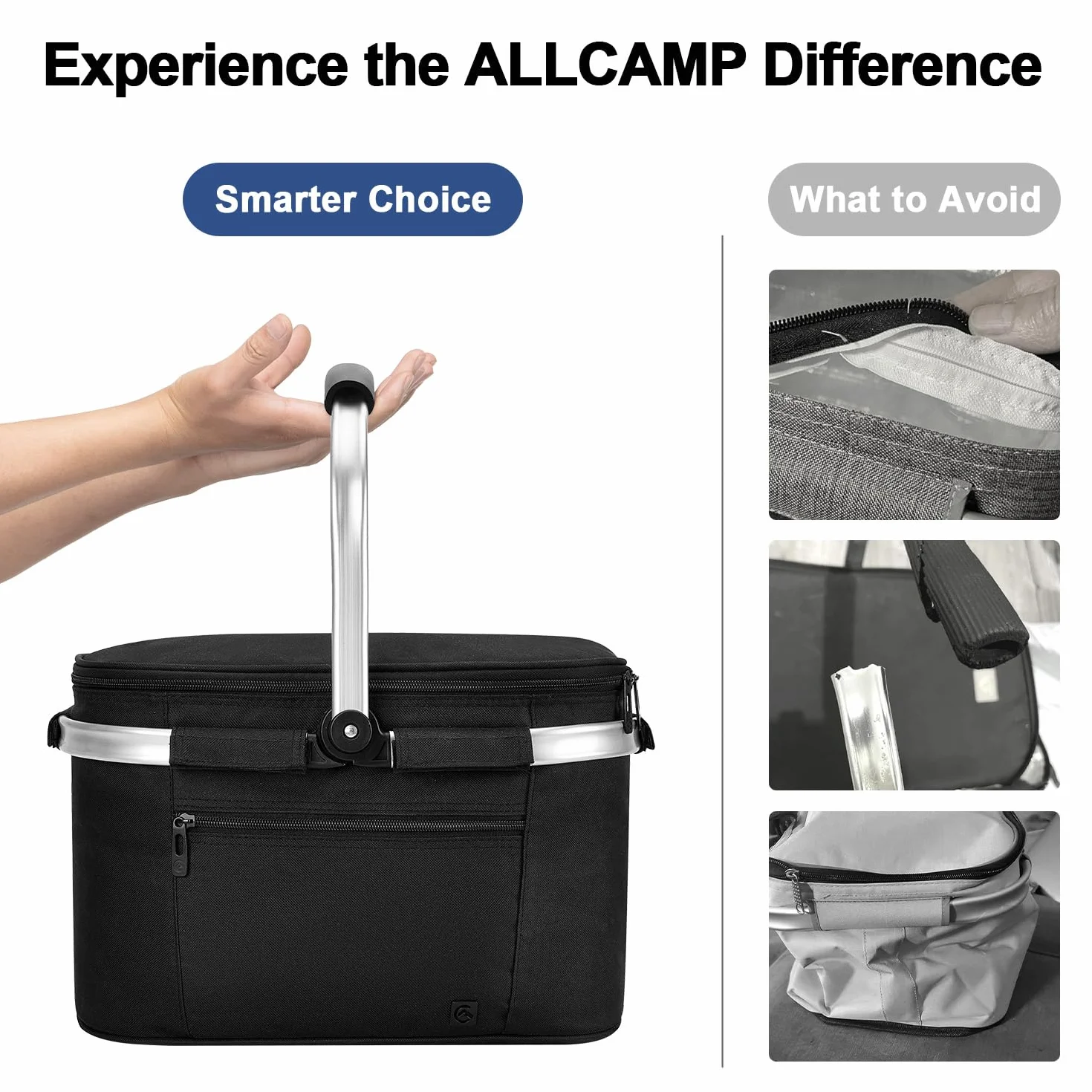 ALLCAMP Cool Bag Izolowany Kosz na Zakupy z Pokrywką Chłodziarka Ice Box Wyjmowany Kosz Piknikowy Dla 4 Osób Gruby Termiczny Kosz z Aluminiową Ramą czarny