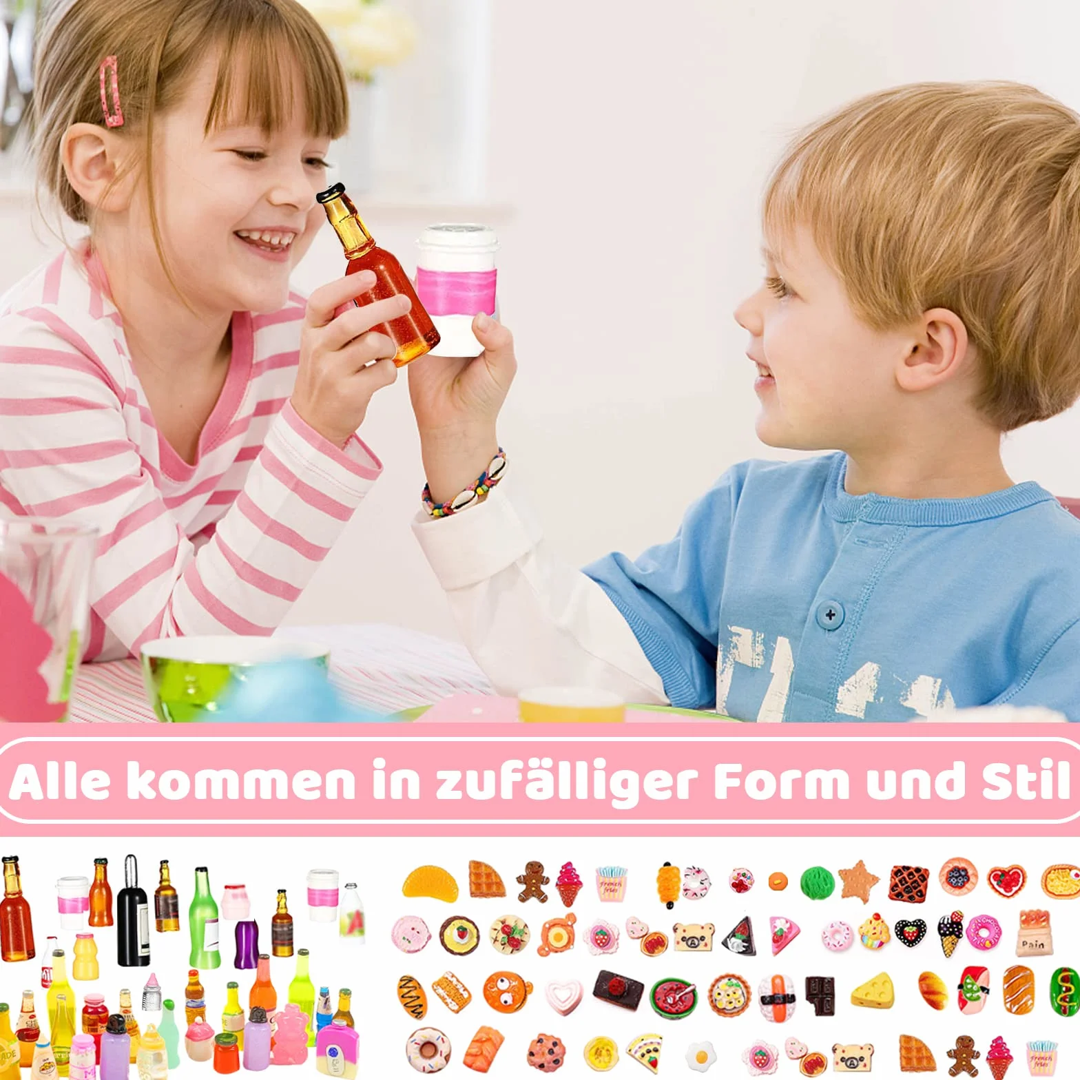 40 sztuk akcesoriów skrzatów, mini zabawki dla dzieci, 30 sztuk jedzenia i 10 sztuk butelek na napoje w losowym, uroczym domku dla lalek, zabawka spożywcza DIY