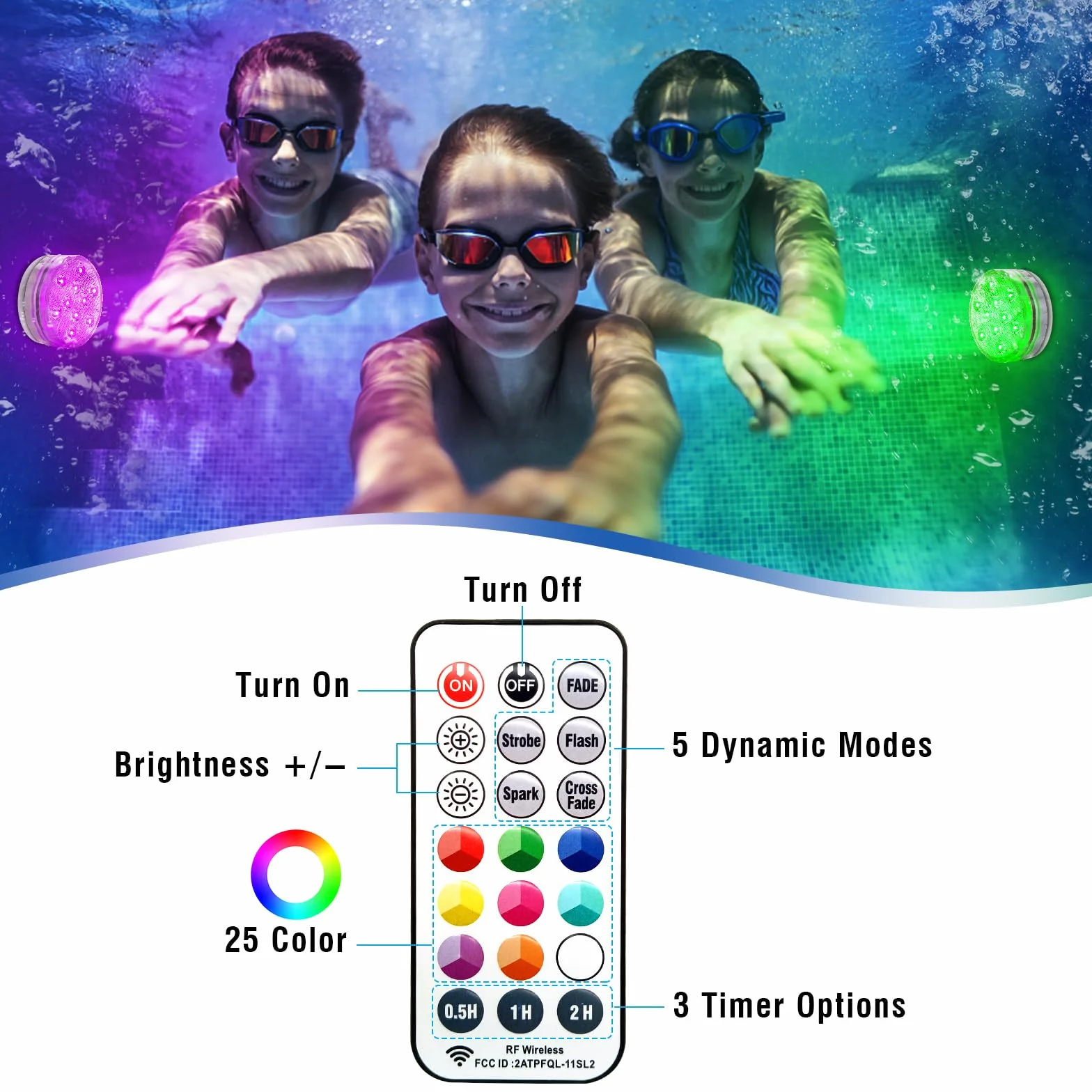 Qoolife Akumulatorowe lampki do jacuzzi 8,4 cm USB magnetyczne RGBW IP68 wodoodporne podwodne światło