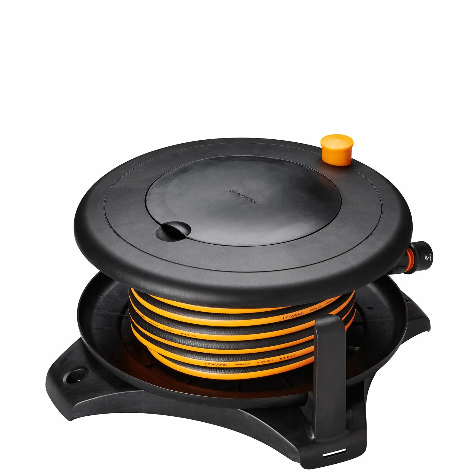 Fiskars Bęben z wężem L, Całkowity zasięg 31,5 m, Wąż ogrodowy ø 13 mm, Uniwersalna złączka ø 13-15 mm, Dysza zraszająca, Czarny/pomarańczowy