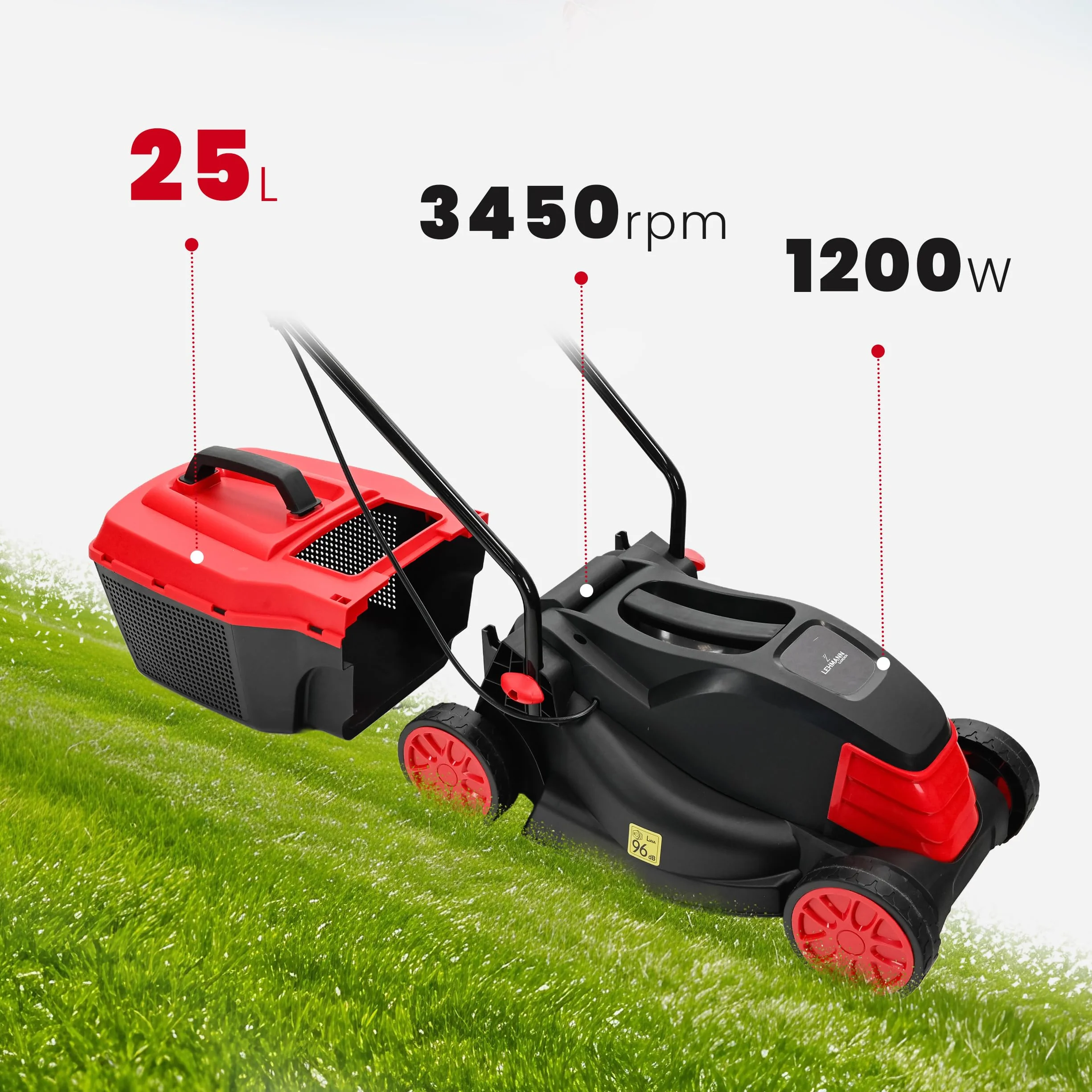 LEHMANN Elektryczna kosiarka do trawy 1200 W 32 cm 25 l 3-stopniowa regulacja wysokości cięcia 3450 obr./min