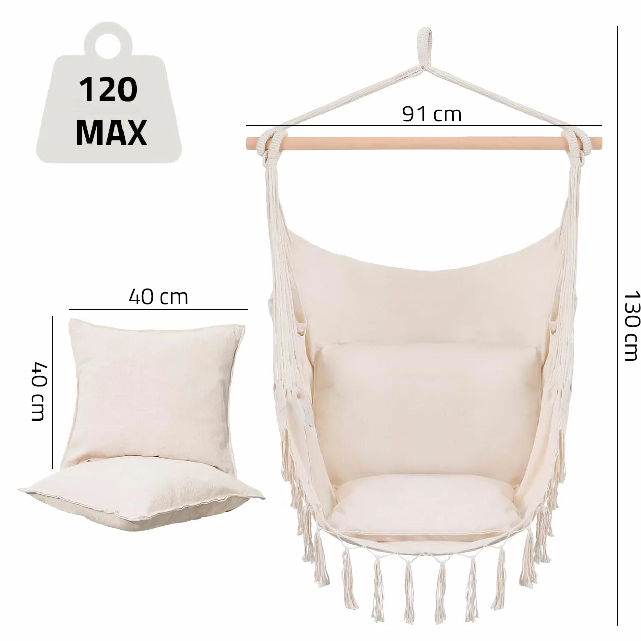 MalTec Wiszący fotel ogrodowy Cocoon z poduszką beżowy 120 kg