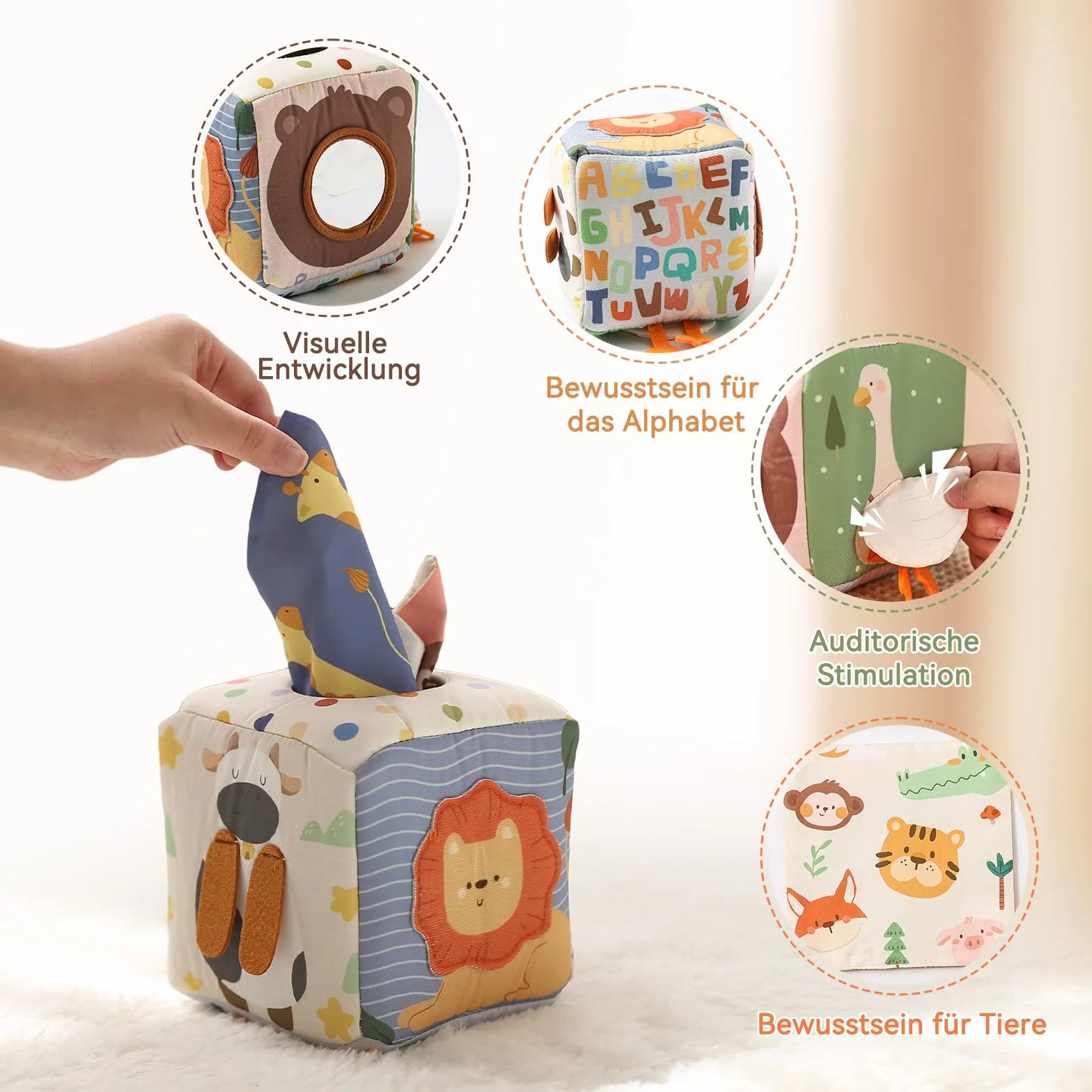 WOODEN TEETHER Tissue Box Montessori zabawka motoryczna, 6-12 miesięcy, zabawka sensoryczna dla niemowląt, z lustrem, kolorami, teksturami, dla dzieci, zabawka edukacyjna dla chłopców i dziewczynek