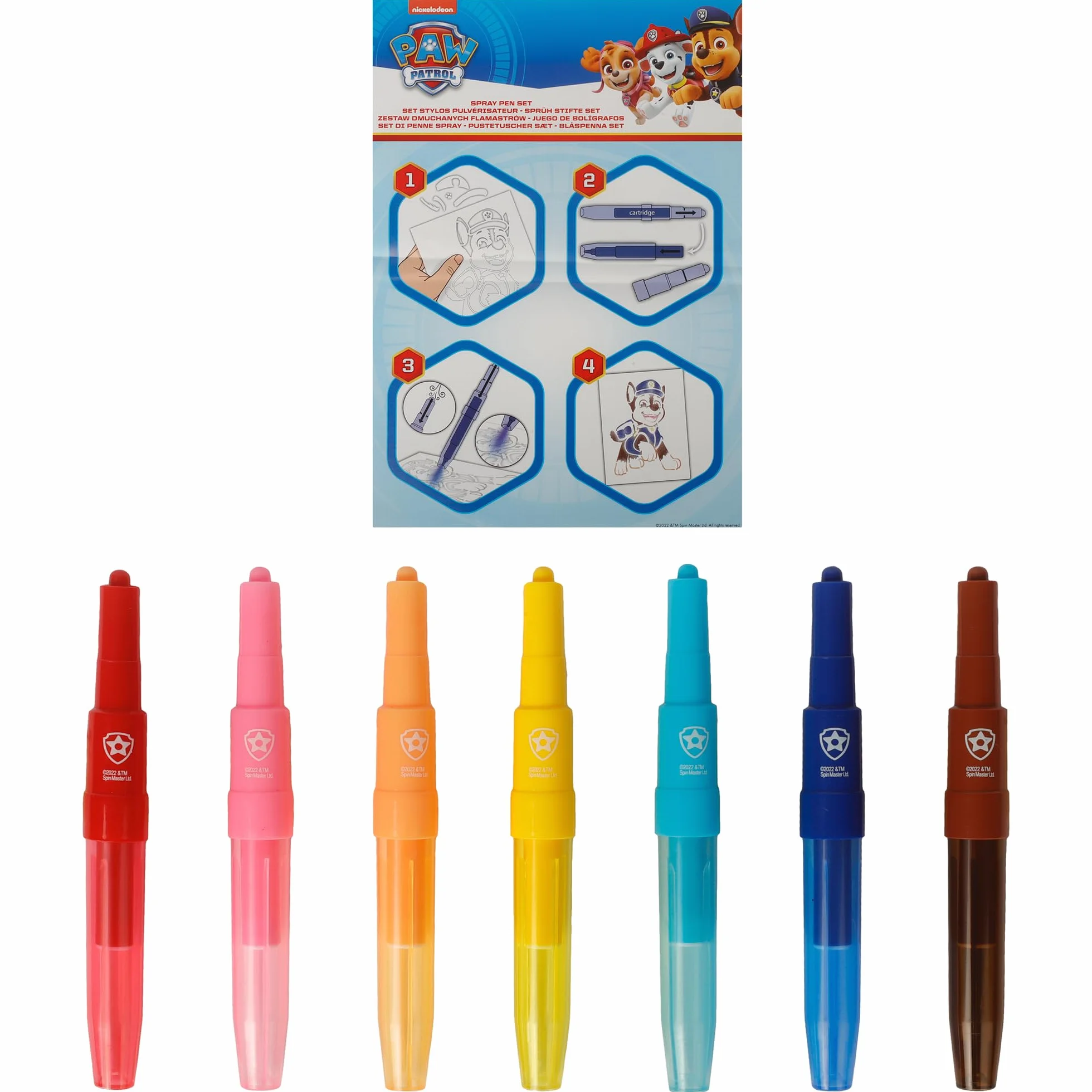 PAW PATROL - Zestaw pisaków w sprayu - kredki dla dzieci - zestaw do malowania z kolorowymi kredkami i szablonami do malowania (PW22364)