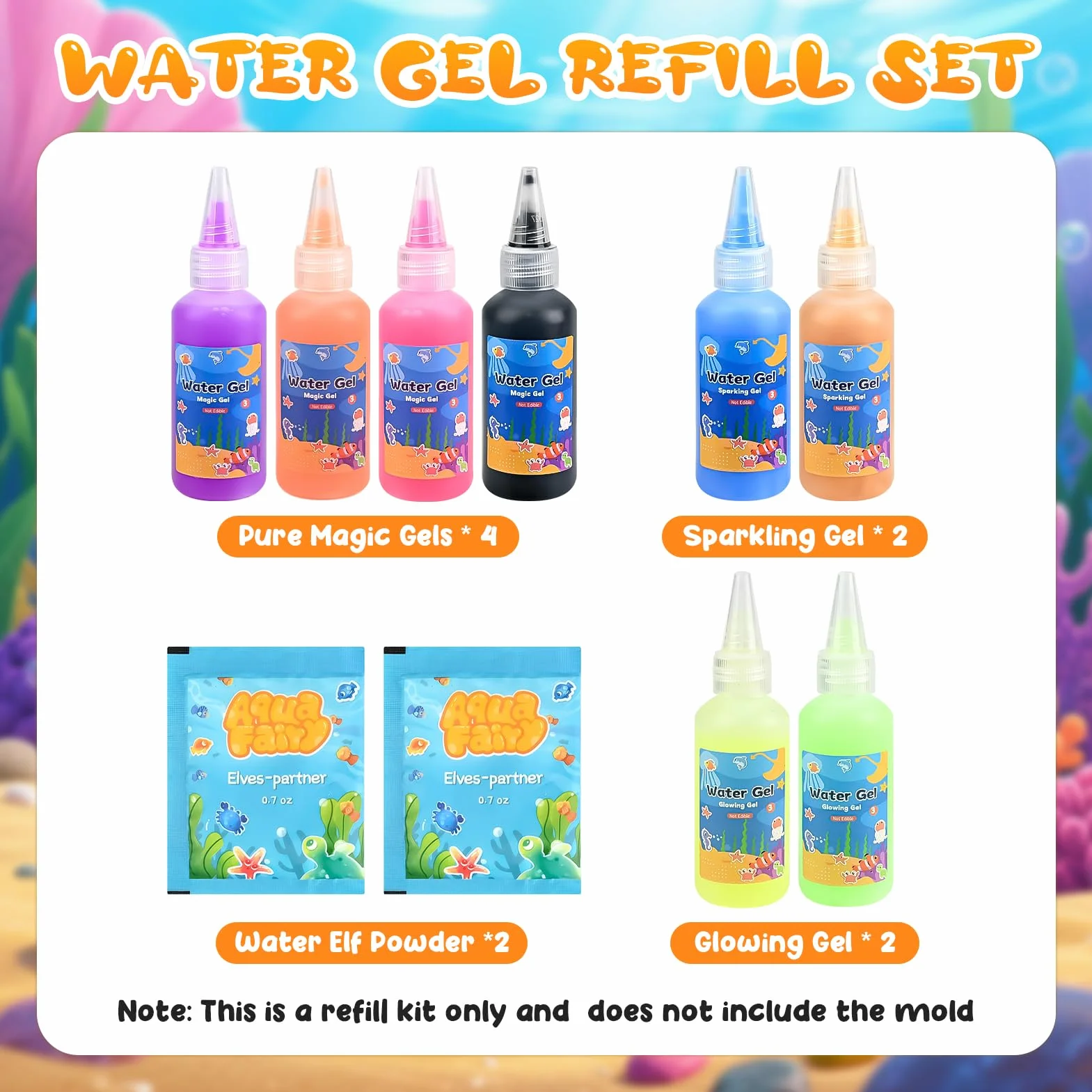 Sanlebi Magic Aqua Celz żelowy zestaw uzupełniający, 10 sztuk, zawiera 8 butelek kolorowego żelu, Magic Water Elf dla dzieci 4 5 6+, urodziny, Boże Narodzenie, Wielkanoc, prezent dla chłopców i