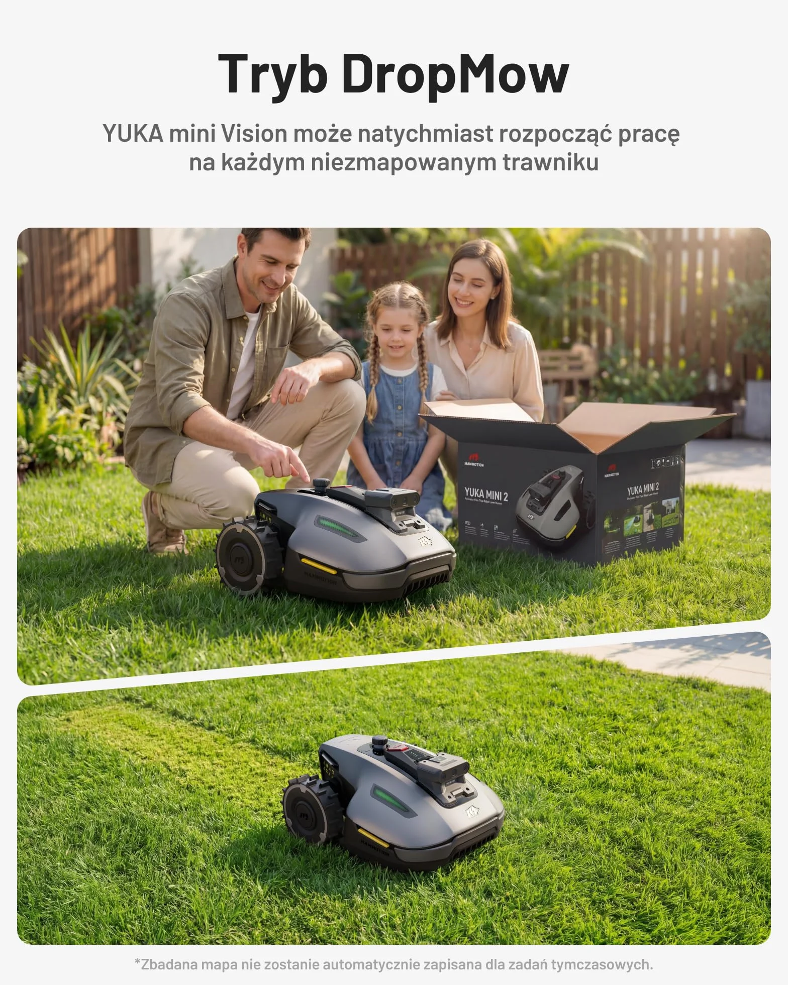 MAMMOTION YUKA mini 2 500 Robot Koszący z Garażem, 500 m², AI Trójkamerowa Obróbka Obrazu, Automatyczna Kartografia, DropMow