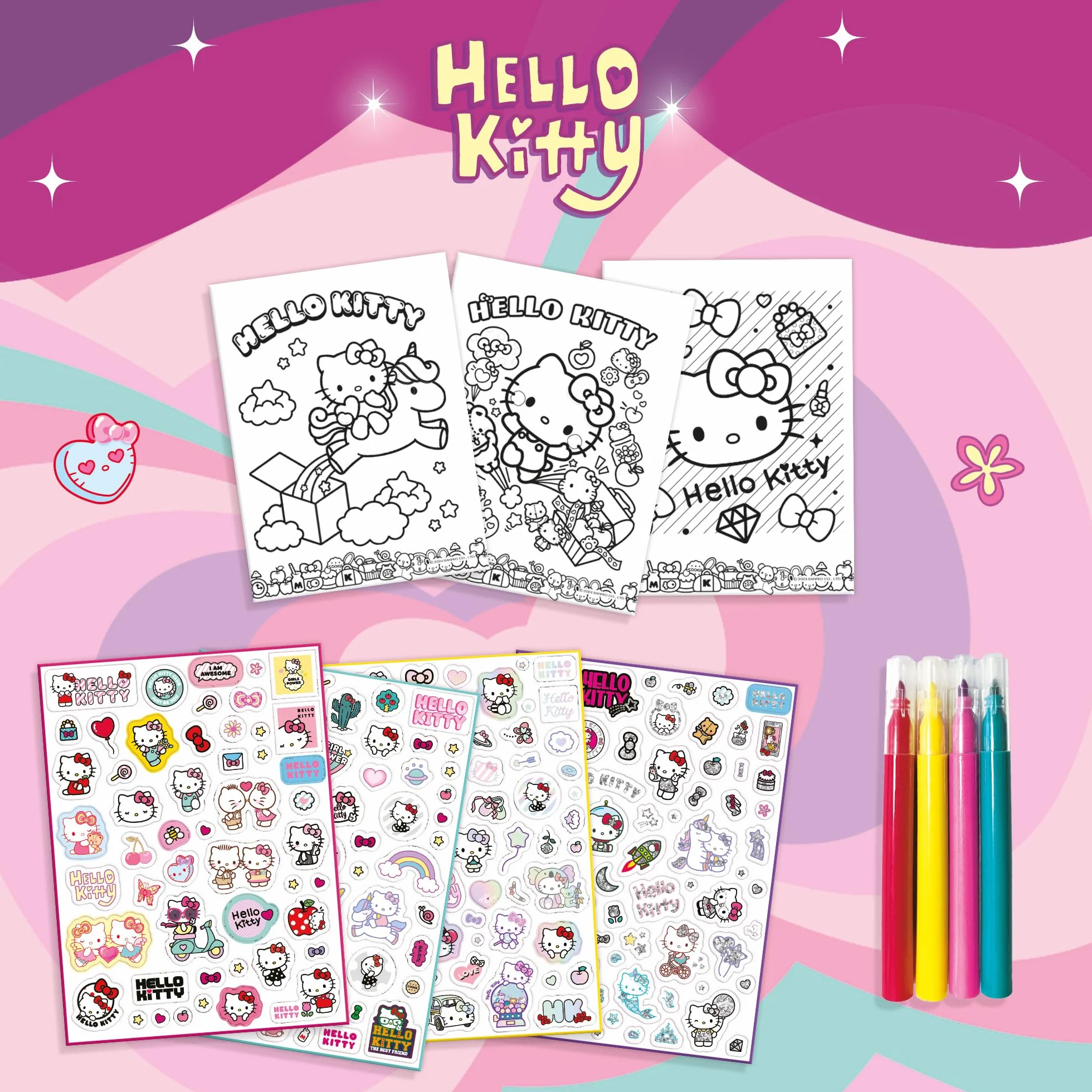 Lisciani HELLO KITTY AND FRIENDS naklejka i kolorowanka dla dzieci 5+ zestaw kreatywny 200 naklejek 4 strony