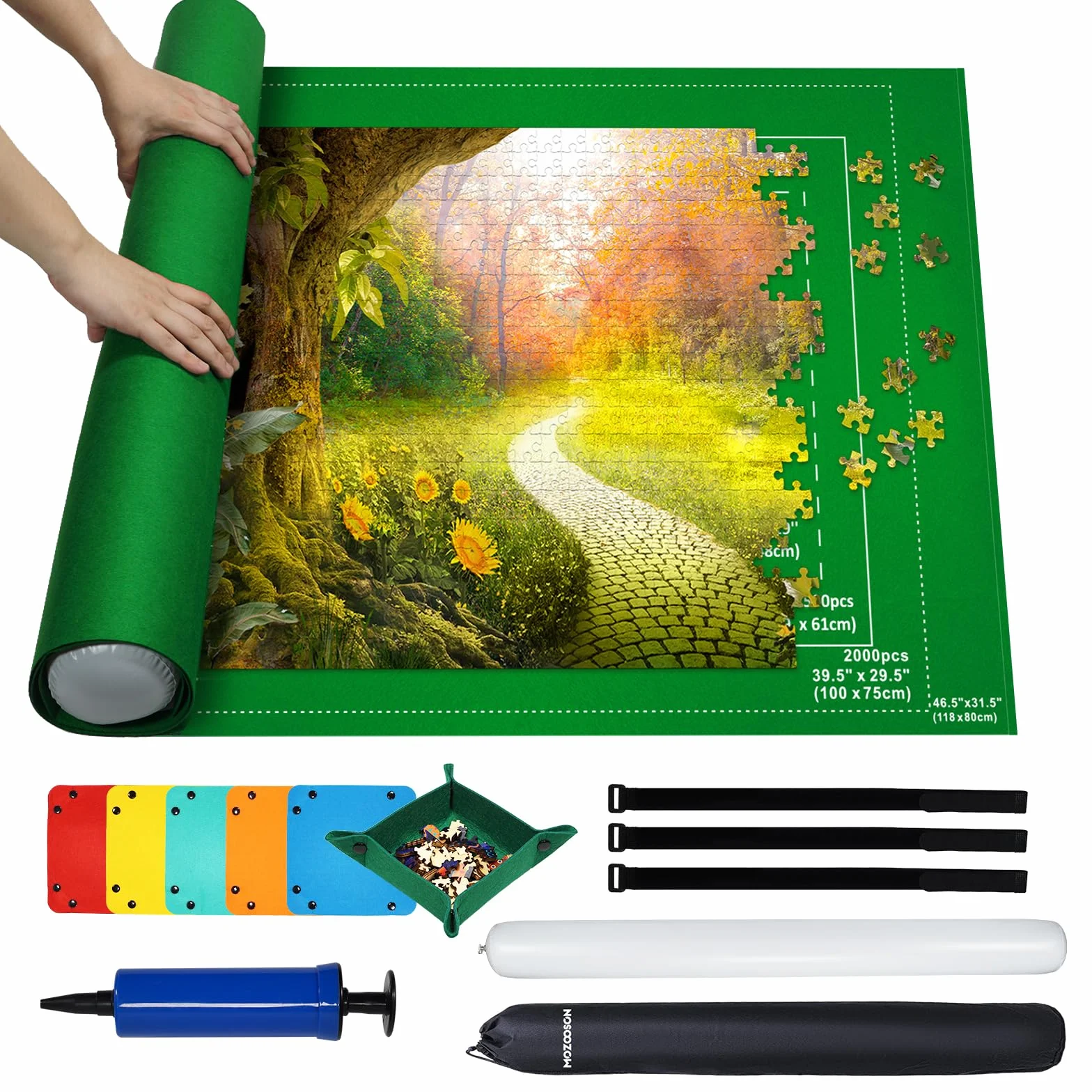MOZOOSON Mata do puzzli, mata do przechowywania do 1000, 1500, 2000 sztuk, rolka filcowa z 6 sorterami puzzli, torba podróżna dla dorosłych i dzieci, H2000