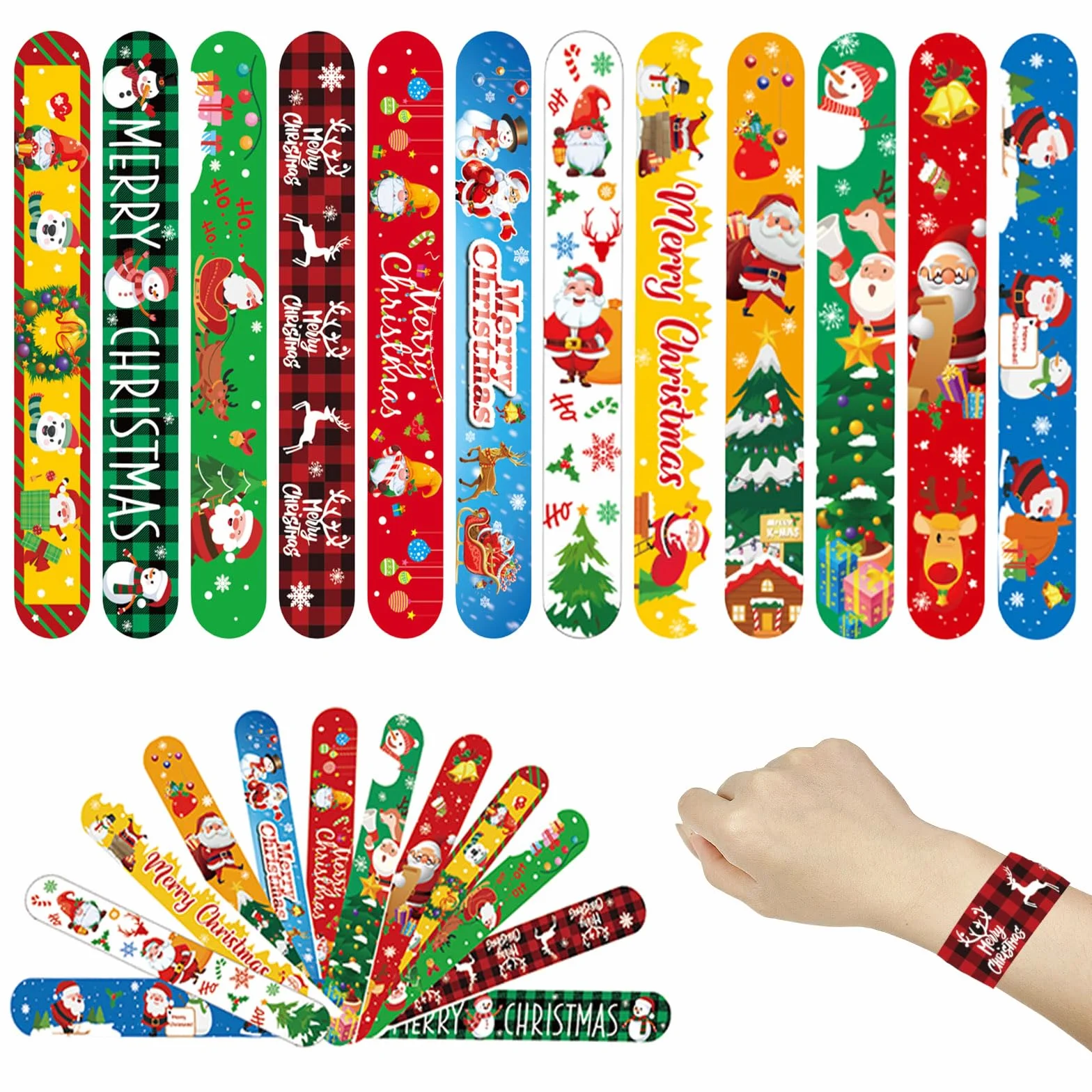 Mienocol 24 szt. Świąteczne bransoletki klapowe, Xmax Party Favors opaska na nadgarstek dla dzieci Boże Narodzenie Snap Band bransoletki na imprezę bożonarodzeniową wypełniacze torebek wypełniacze