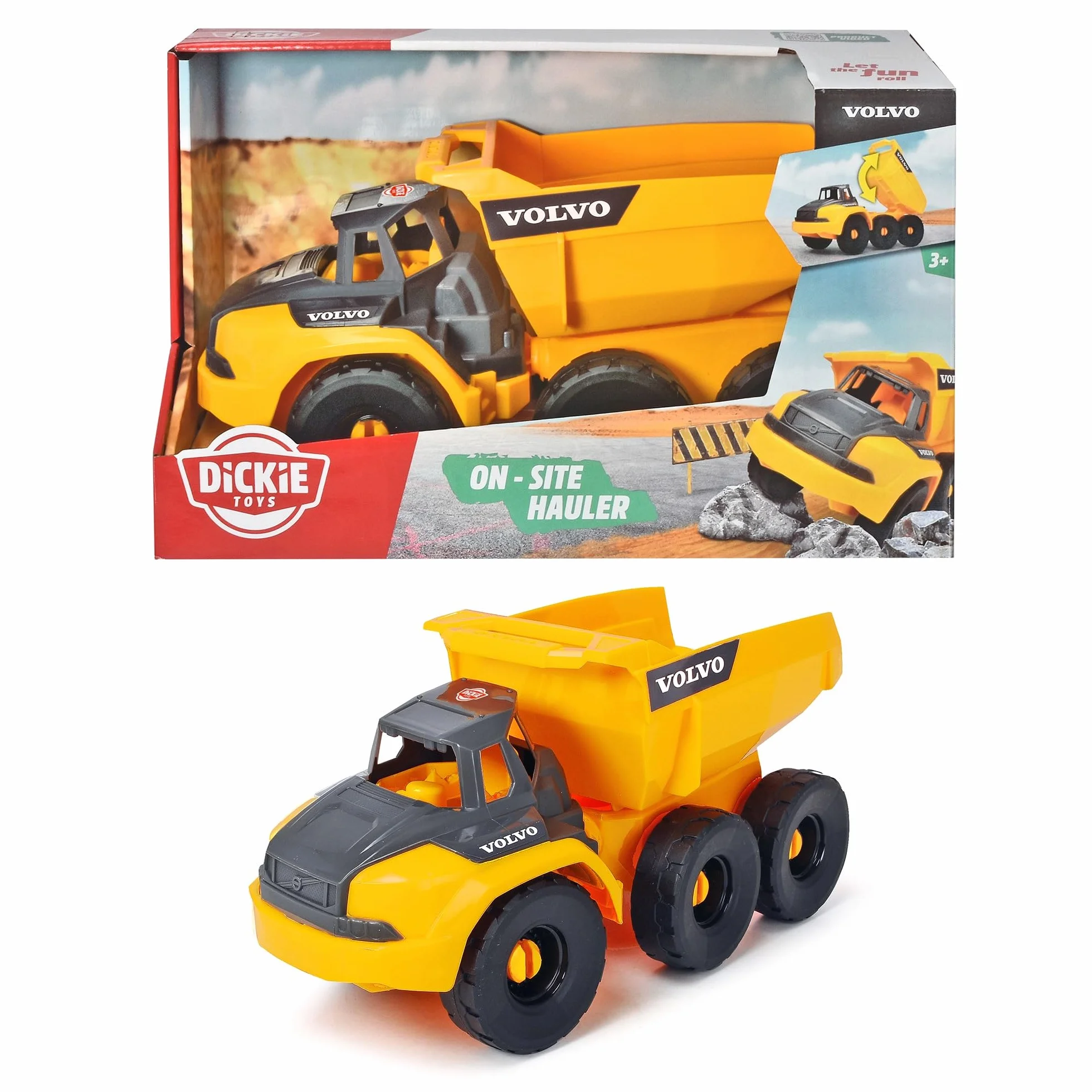 Dickie Toys 203724001 VOLVO Wywrotka zabawkowa 26 cm, Oficjalny licencjonowany pojazd budowlany, ruchoma powierzchnia załadunkowa, otwarta kabina, do zabawy w piaskownicy dla dzieci od 3 lat
