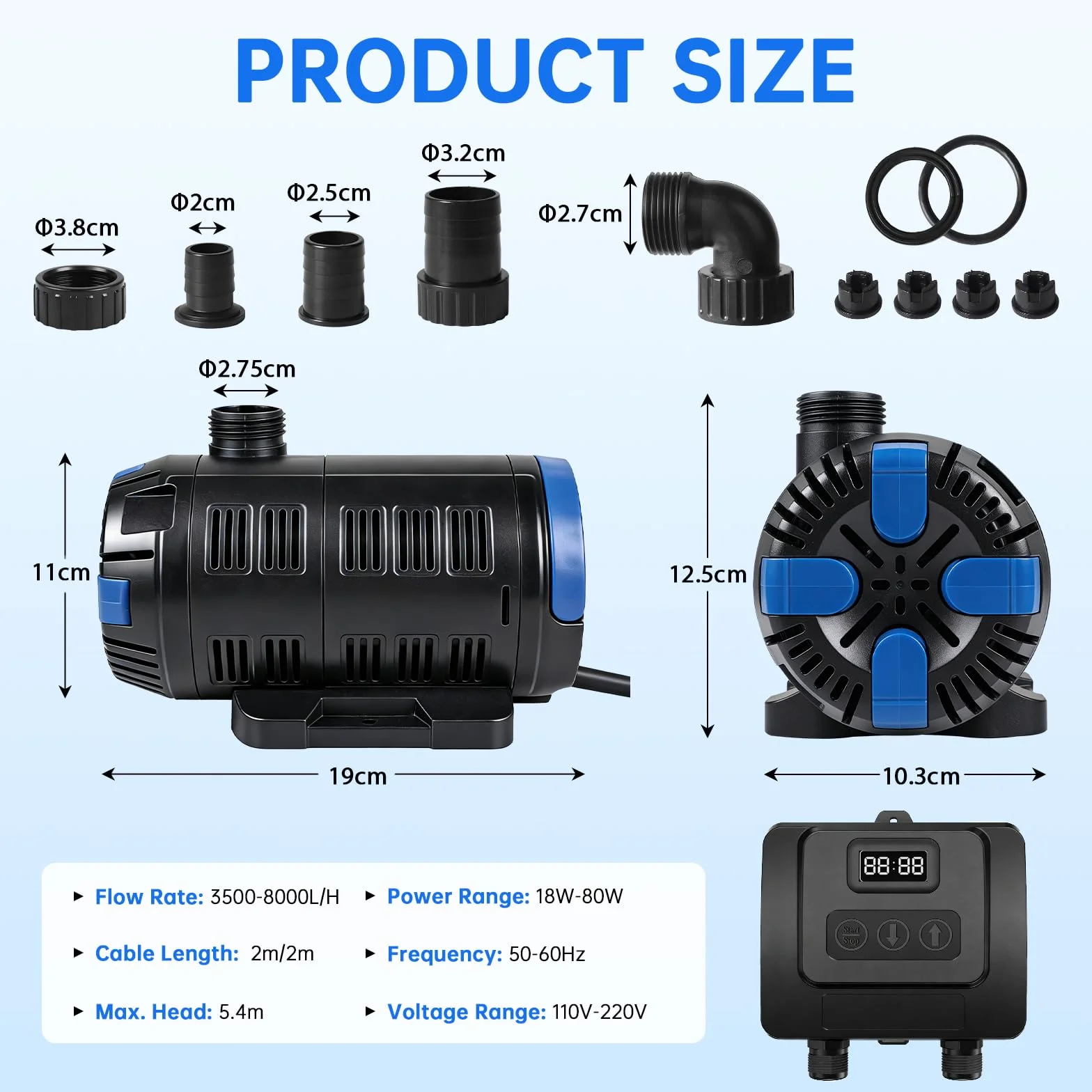 EXLECO Regulowana pompa do oczka wodnego 8000 l/h 18 W-80 W z wielofunkcyjnym kontrolerem