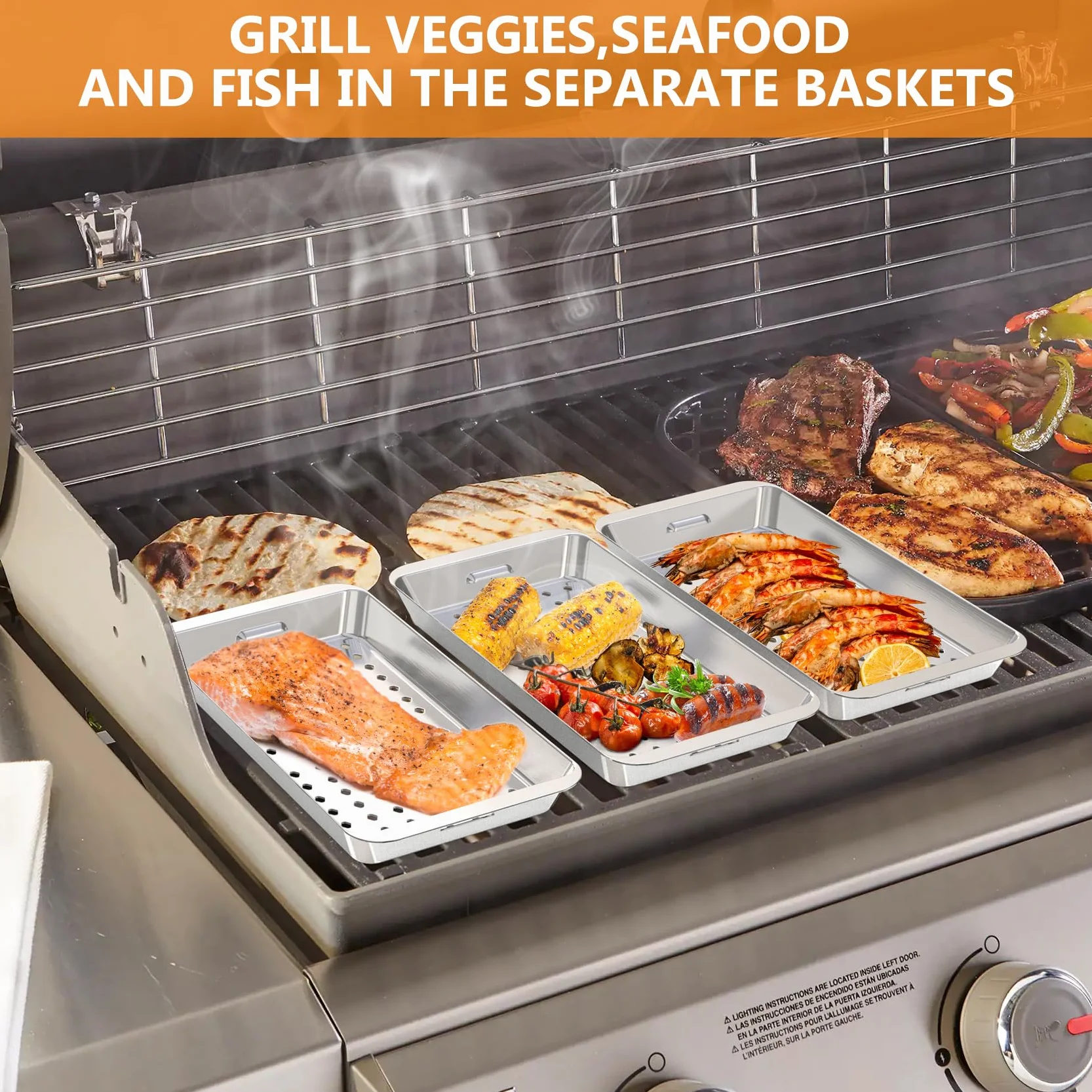 Onlyfire Zestaw Koszy do Grilla ze Stali Nierdzewnej, 3 Kosze, Taca i Uchwyt