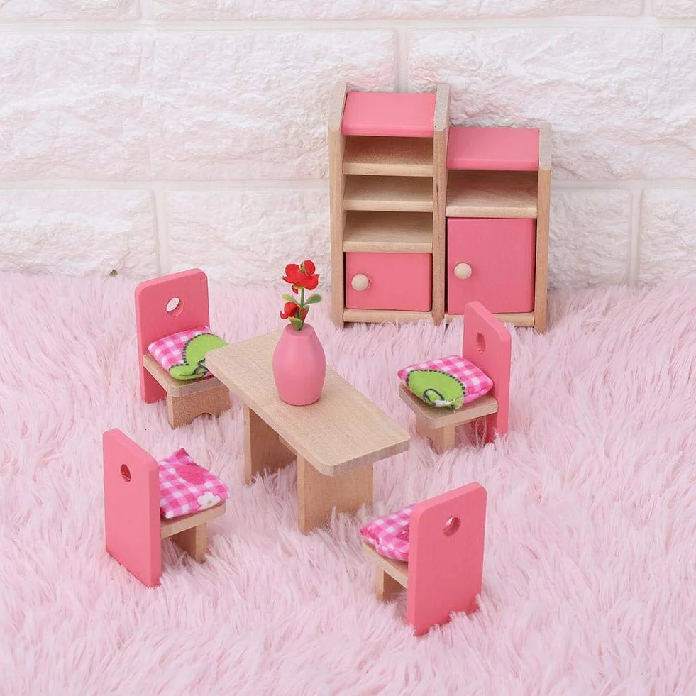 Zabawkowe meble, realistyczny mini drewniany zestaw mebli do domku dla lalek 1:12 (ComedorHabitación)