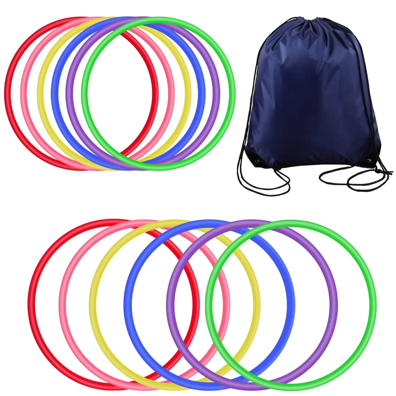 OOTSR 12 sztuk pierścieni z tworzywa sztucznego dla dzieci (średnica 18 cm) i jedna ciemnoniebieska torba ze sznurkiem ściągającym, pierścionki karnawałowe do użytku wewnątrz i na zewnątrz, do