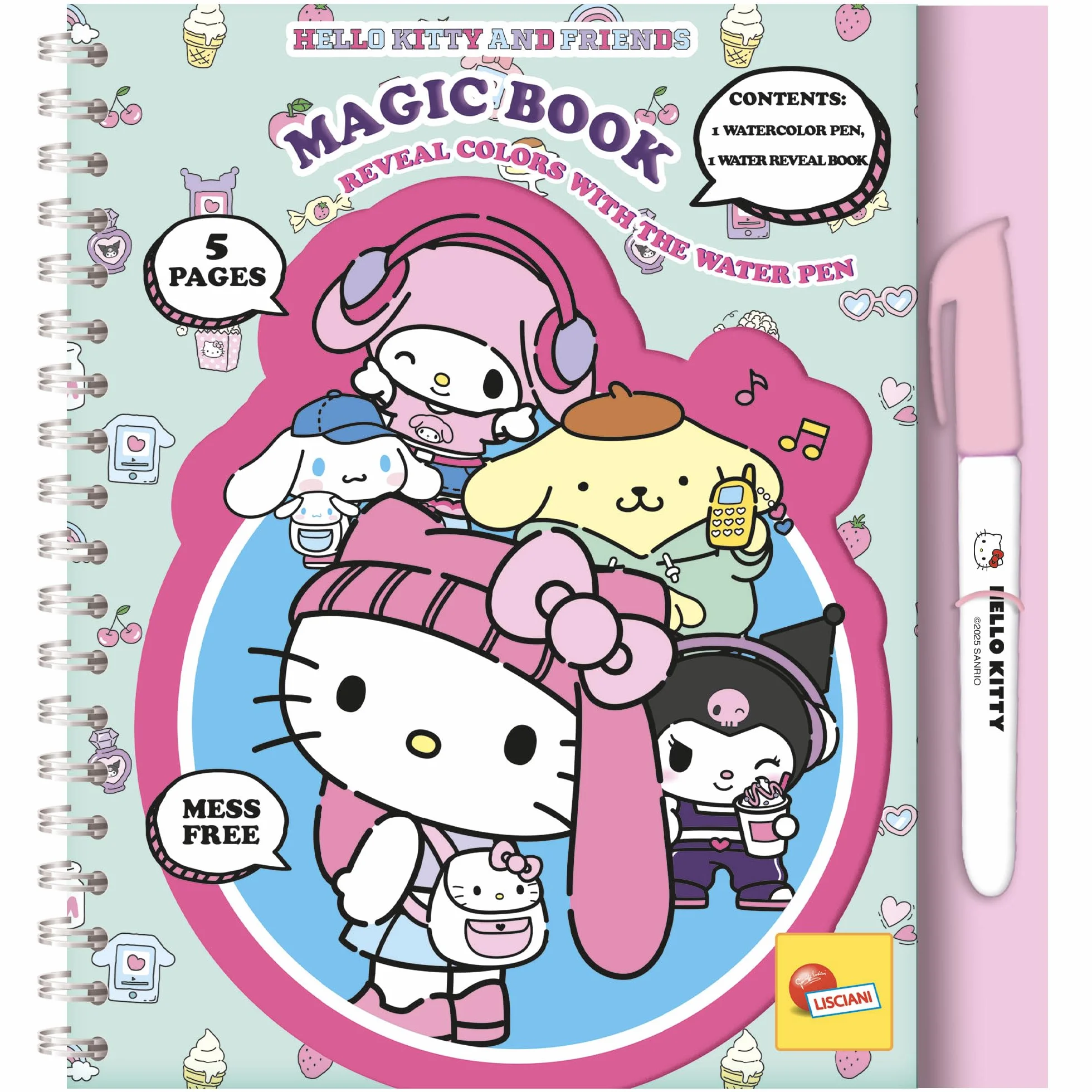 Lisciani - Hello Kitty and Friends - magiczna książka wodna wielokrotnego użytku dla dzieci od 3 lat – zabawka edukacyjna z 12 stronami i pisakiem wodnym – kreatywna książka o zajęciach bez brudu
