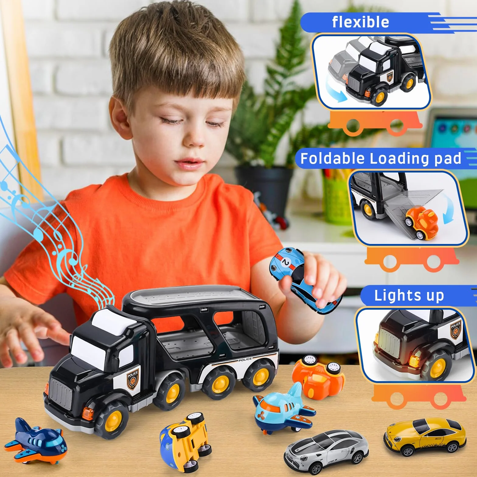 Zestaw Zabawek 8w1 Auto Ciężarówka Transporter z Światłem i Muzyką dla Chłopców i Dziewczynek 1 2 3 4 5 lat, Idealna Toy Gift na Urodziny, Dzień Dziecka, Święta