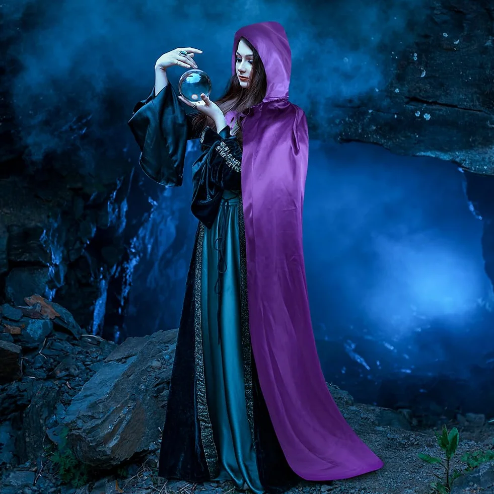 AUYAO Peleryna z kapturem na Halloween, długa peleryna z kapturem, płaszcz z kapturem, Halloween, Boże Narodzenie, fantazyjna peleryna, 2 szt. fantazyjny kostium, maskarada, impreza z rękawiczkami